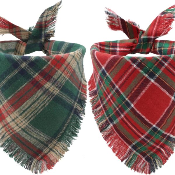 2PCS Christmas Dog Bandanas Plaid Two-Sided with Tassels,Holiday Scarf,Stylish Triangle Dog Outfit for Boy and Girl,Winter Christmas Classic Red-Green Plaid Pet Scarf for Medium to Large Dogs