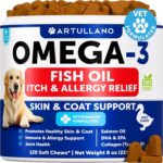 Omega 3 Fish Oil for Dogs - Dog Allergy Chews - Itch Relief & Skin and Coat Supplement with Salmon Oil - Hot Spots Treatment - Allergy & Anti Shedding Support - EPA & DHA Fatty Acids - 120 Treats