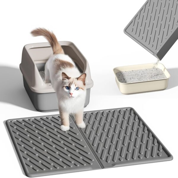 Pieviev Cat Litter Box Mat, 24"x 17" EVA Scratch Resistant Litter Trapping Mat, Easy Clean for Scatter Control, Soft on Kitty Paws, Waterproof & Urine Proof for Indoor Use, Gray
