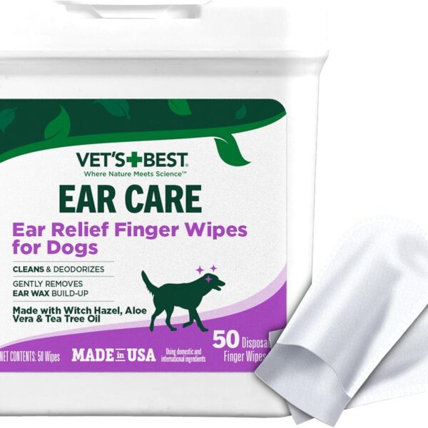 Vet's Best Ear Relief Finger Wipes, Ear Cleansing Finger Wipes for Dogs, Sooths & Deodorizes, 50 Disposable Dog Wipes