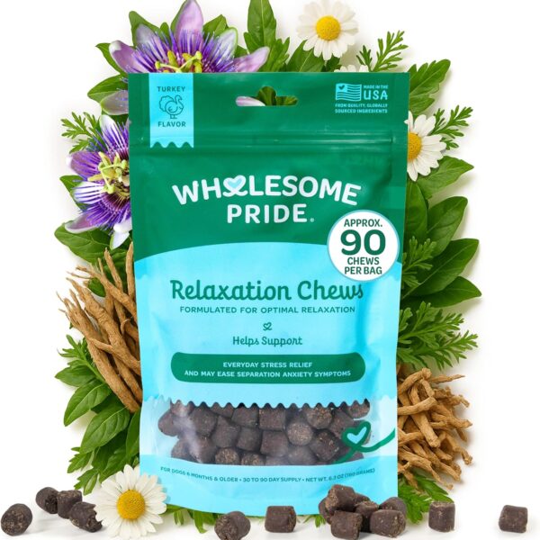 Wholesome Pride Calming Supplement for Dogs - 90 Soft Chews - Natural Anxiety Relief, Separation & Noise Stress Support with Herbal Ingredients, No Melatonin, Non-Drowsy