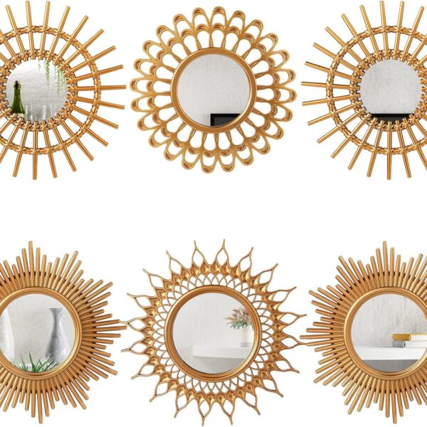 Namalu 6 Pcs Sunburst Mirror for Wall Decor, Small Circle Sun Decorative Mirror Hanging for Art Entryway Home Decor Bathroom Bedroom Living Room(Classic,Gold)
