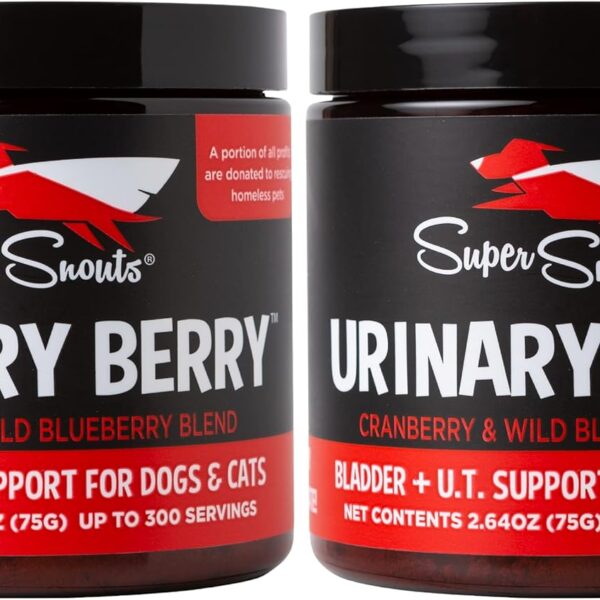Super Snouts Urinary Berry Urinary Tract Supplements for Dogs & Cats, Made in USA, US & Canadian Blueberry & Cranberry Powder, UTI, Kidney Health Support, Bladder Support for Dogs (2.63 oz, Pack of 2)