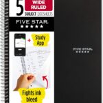 Five Star Spiral Notebook + Study App, 5 Subject, Wide Ruled Paper, 8" x 10-1/2", 200 Sheets, Fights Ink Bleed, Water Resistant Cover, Black (72045)