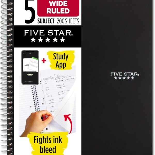 Five Star Spiral Notebook + Study App, 5 Subject, Wide Ruled Paper, 8" x 10-1/2", 200 Sheets, Fights Ink Bleed, Water Resistant Cover, Black (72045)