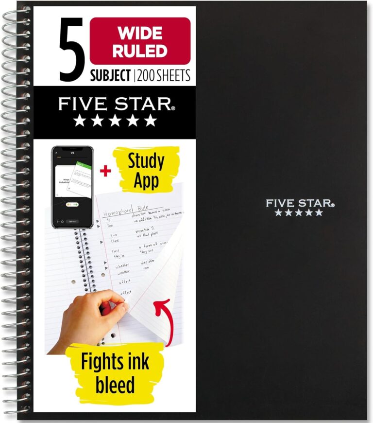 Five Star Spiral Notebook + Study App, 5 Subject, Wide Ruled Paper, 8" x 10-1/2", 200 Sheets, Fights Ink Bleed, Water Resistant Cover, Black (72045)
