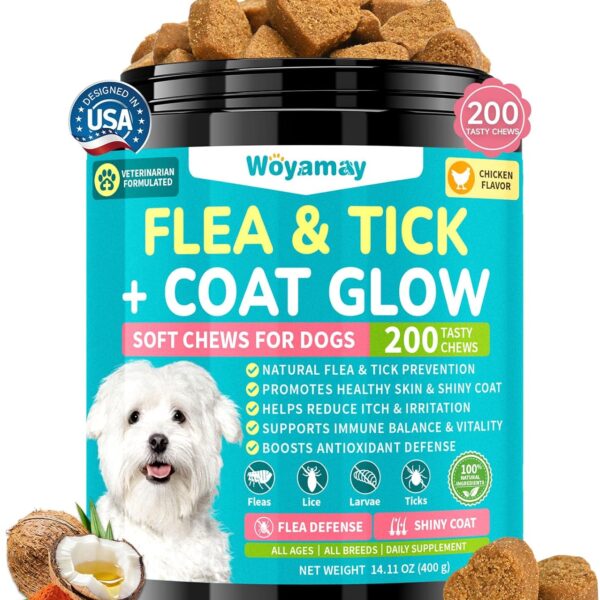 Flea + Coat Glow Soft Chews, Natural Flea and Tick Prevention for Dogs, Dog Flea and Tick Treatment Chewable, Reduces Itch & Shedding with Fish Oil & Neem, Chicken Flavor