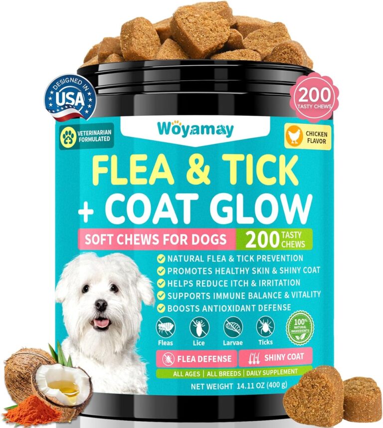 Flea + Coat Glow Soft Chews, Natural Flea and Tick Prevention for Dogs, Dog Flea and Tick Treatment Chewable, Reduces Itch & Shedding with Fish Oil & Neem, Chicken Flavor
