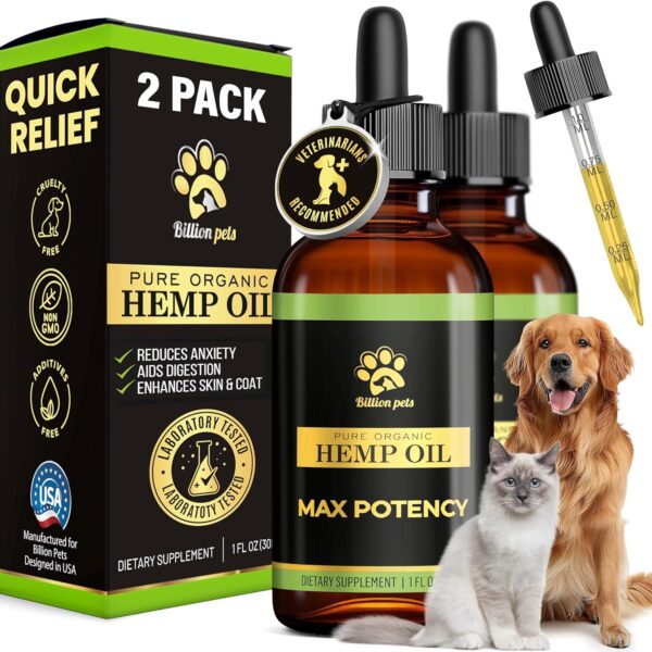 Billion Pets - Hemp Oil for Dogs and Cats - Helps with Anxiety, Pain, Stress, Sleep, Arthritis, Seizures Relief - Hip and Joint Support - Calming Drops