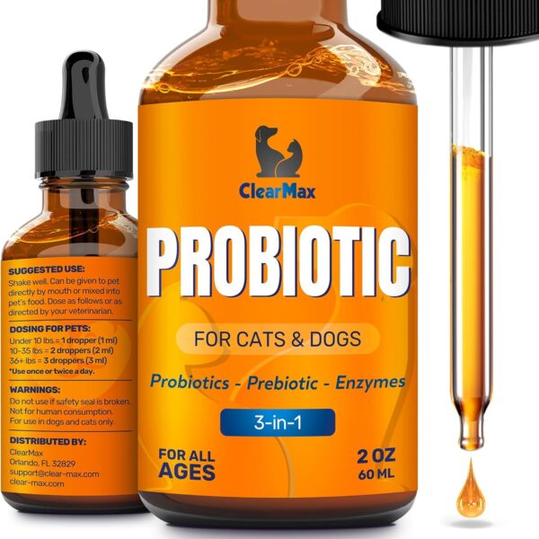 Liquid Probiotics for Dogs and Cats  6 Billion CFU Pet Digestive Support  Dog Probiotics with Enzymes  Cat Probiotic Supplement  2-oz Bottle