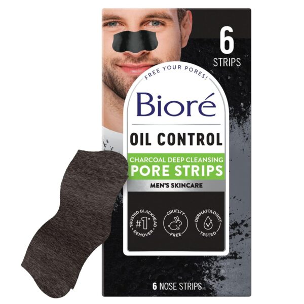 Bior Charcoal Deep Cleansing Pore Strips for Men, Nose Strips for Blackhead Removal on Oily Skin, Features C-Bond Technology with Instant Pore Unclogging, 6 Count