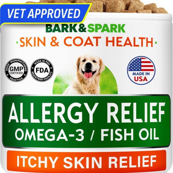 BARK&SPARK Dog Allergy Relief Chews - Anti-Itch Skin & Coat Supplement - Omega 3 Fish Oil - Itchy Skin Relief Treatment Pills - Itching&Paw Licking - Dry Skin&Hot Spots - (60 Immune Treats - Chicken)