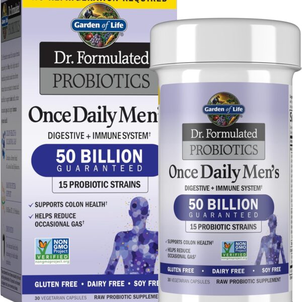 Garden of Life Probiotics for Men, Dr Formulated 50 Billion CFU 15 Probiotics for Digestive Health + Organic Prebiotic Fiber, Colon & Immune Support, Daily Gas Relief, Shelf Stable, 30 Capsules