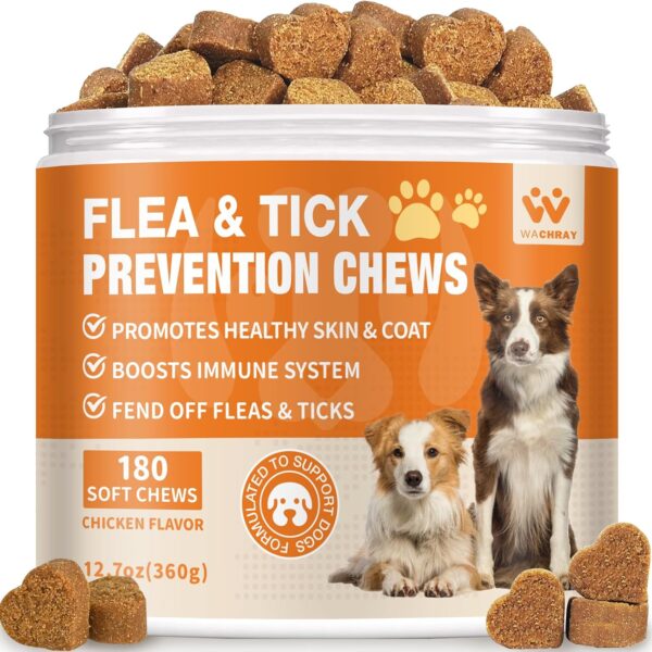 Flea and Tick Prevention for Dogs Chewables - Natural Dog Flea and Tick Treatment Chewable - Oral Flea Supplement for Dogs - Puppy Flea Support - All Breeds & Ages - 180 Soft Chews