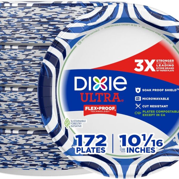 Dixie Ultra, Large Paper Plates, 10 Inch, 43 Count (Pack of 4), 3X Stronger*, Heavy Duty, Microwave-Safe, Soak-Proof, Cut Resistant, Disposable Plates for Heavy, Messy Meals