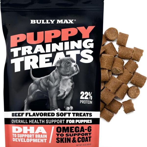 Bully Max Puppy Training Treats - Soft Chews Dog Food Supplements & Vitamins for Brain, Skin & Coat Health - Glucosamine & Chondroitin for Joint Support  Multivitamin Food Topper for Puppies - 1 Bag