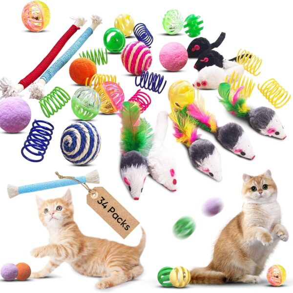 Cat Toys for Indoor Cats, 34 Packs Interactive Cat Toy Set with Colorful Springs Toys, Mouse Toy, Catnip Ropes, Balls, Bells, and Sisal Ball for Kittens