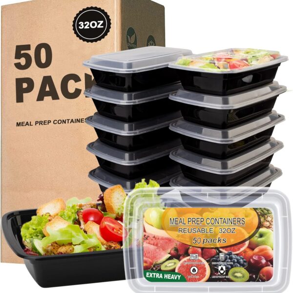 50 Pack- Meal Prep Containers 32oz, Plastic Food Prep Containers Reusable, Leakproof To Go Food Containers with Lids, BPA-Free, Microwave/Dishwasher/Freezer Safe