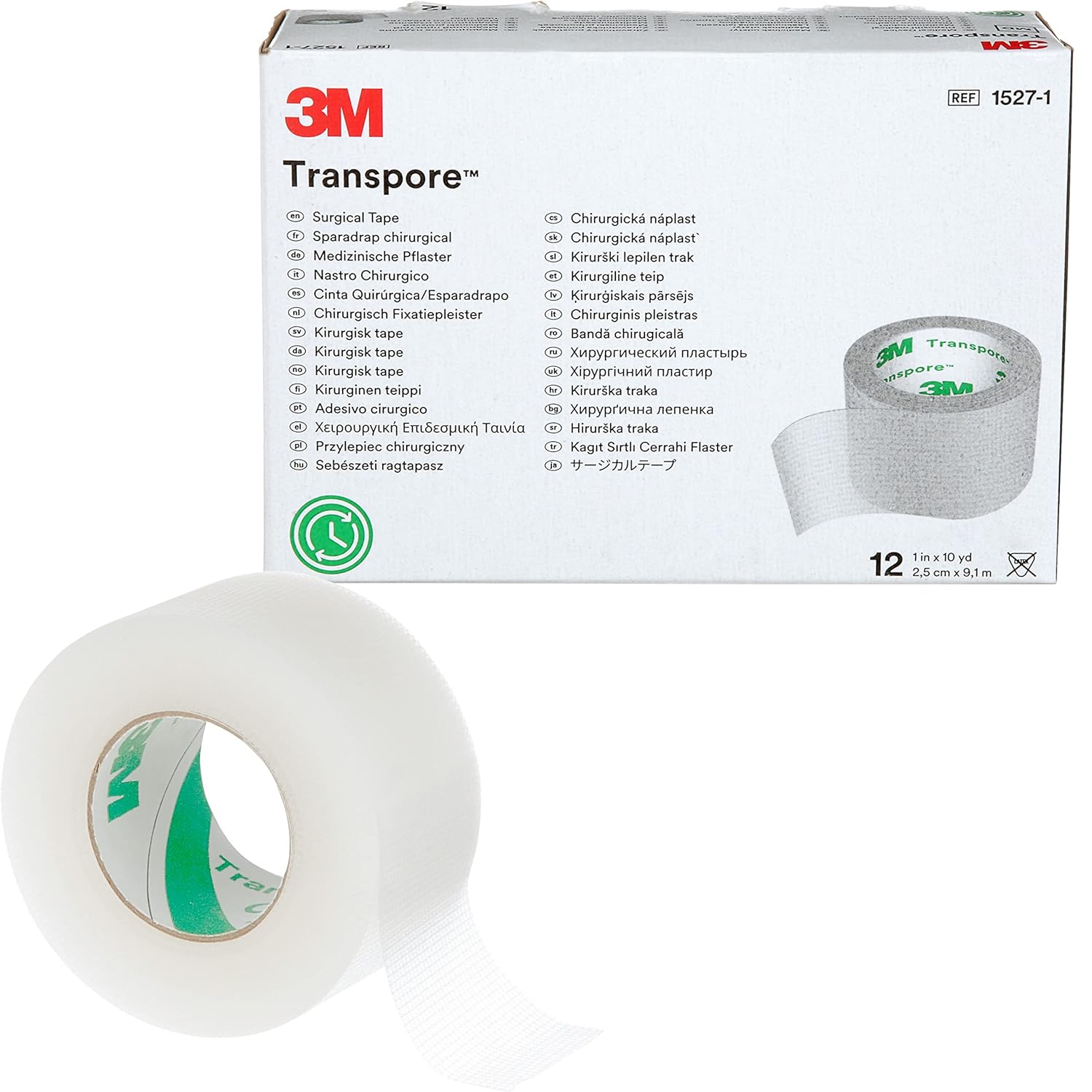 3M Transpore Surgical Tape 1527-1, 1 inch x 10 yard (2,5cm x 9,1m), 12 rolls/box 3M Transpore Surgical Tape 1527-1, 1 inch x 10 yard (2,5cm x 9,1m), 12 rolls/box