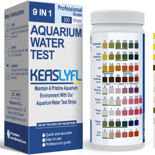 Aquarium Test Strips,100 Strips 9 in1 Saltwater and Freshwater Aquarium Test Kit for Aquarium,Pond and Fish tank,Testing Carbonate,Alkalinity,pH,Hardness,Free Chlorine,Nitrate,Nitrite,copper and Iron.