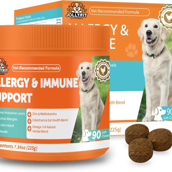 Dog Allergy Chews for Itchy Skin Relief - Seasonal Allergy and Immune Support with Colostrum, Omega 3, Probiotics, Turmeric, Zinc, Vitamins B & E - Helps with Paw Licking & Scratching - 90 Soft Chews