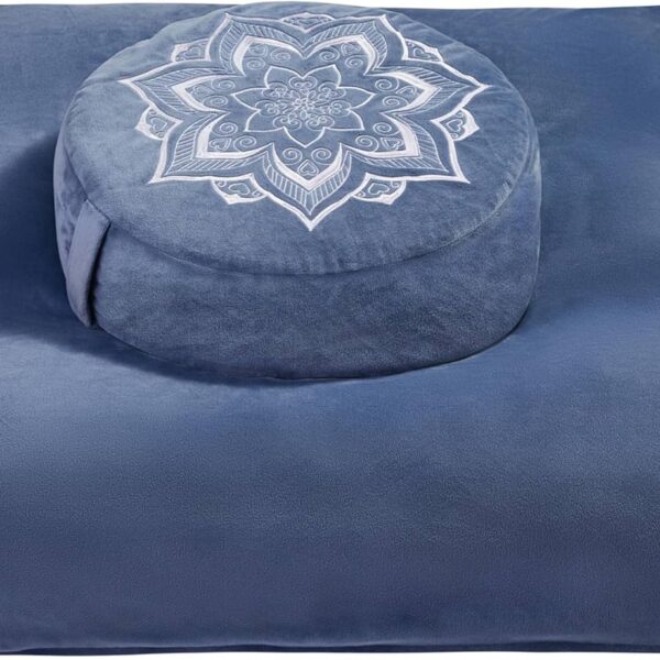 Meditation Zafu Cushion Set with Buckwheat Hulls & Memory Foam - Ergonomic Support for Yoga & Sitting - Removable Machine-Washable Luxury Velvet Cover - for Adults and Kids (Blue)