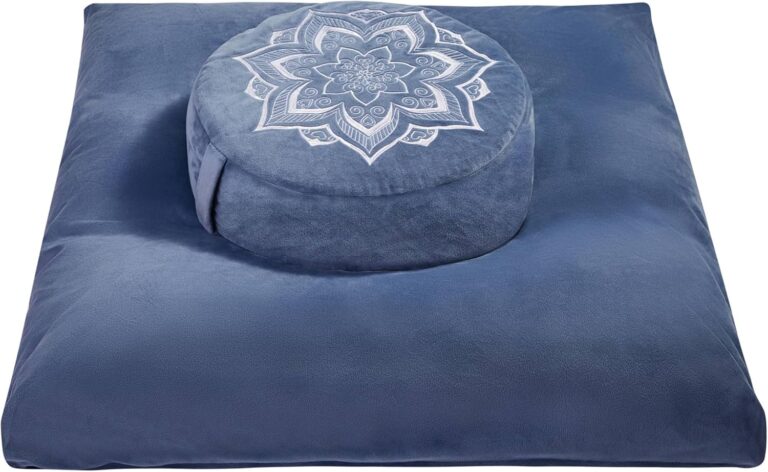 Meditation Zafu Cushion Set with Buckwheat Hulls & Memory Foam - Ergonomic Support for Yoga & Sitting - Removable Machine-Washable Luxury Velvet Cover - for Adults and Kids (Blue)