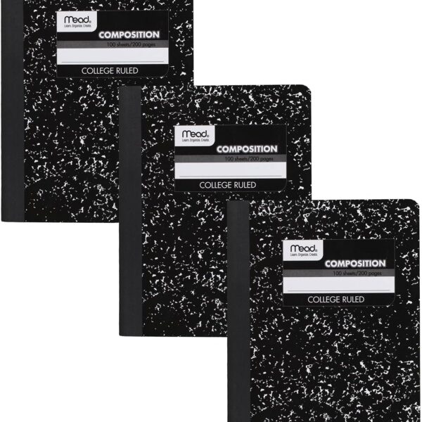 Mead Composition Notebook, 3 Pack, College Ruled Paper, 7-1/2" x 9-3/4", 100 Sheets per Comp Book, Black Marble (38111)