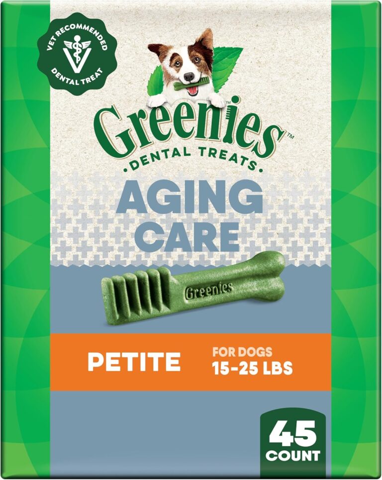 Greenies Dental Treats for Dogs, Veterinarian-Recommended Aging Care Adult Natural Dental Dog Treats, Petite Size, 27 oz. Pack, 45 Count