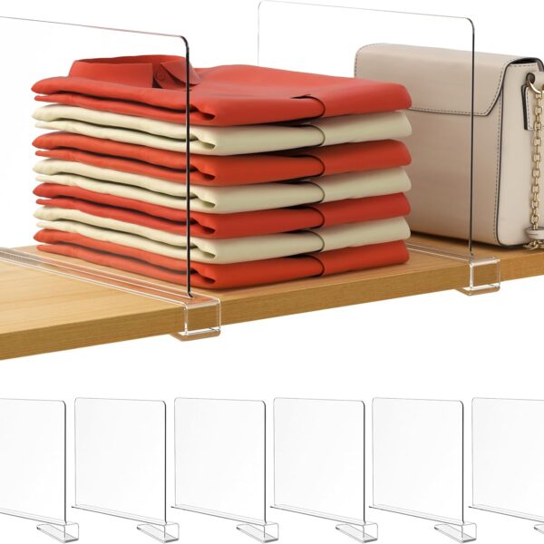 HBlife 6 Pack Closet Organizers and Storage, Clear Shelf Dividers, Vertical Purse Organizer for Closet Perfect for Sweater, Shirts, Handbags in Bedroom and Kitchen, Acrylic Bookshelf for Organization