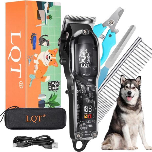 LQT Pet Electric Trimmer, Transparent Edition, Quiet Design, Wireless USB Charging, LED Digital Display. Suitable for Pets with Thick Coats.