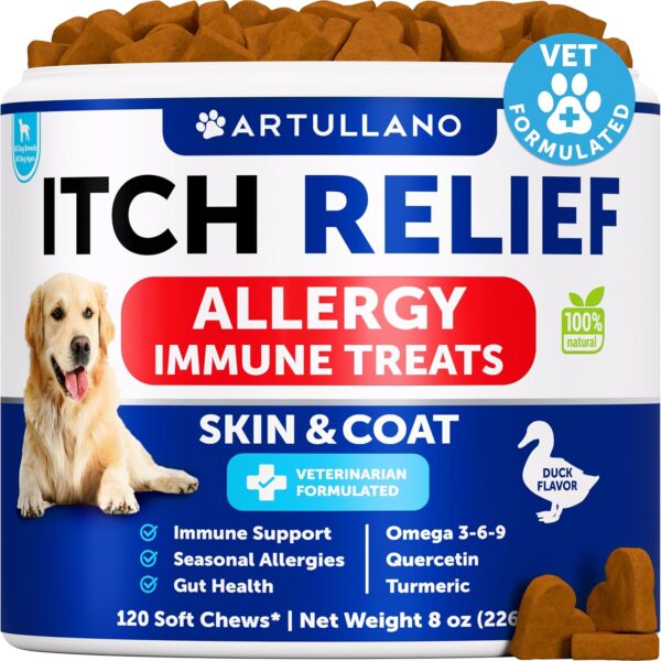 Dog Allergy Relief Chews - Itching Skin Relief for Dogs - Fish Oil - Omega 3 - Seasonal Allergies Pills - Skin & Coat, Anti Itch,Hot Spots Treatment - Canine Immune Health Supplement - 120 Soft Treats