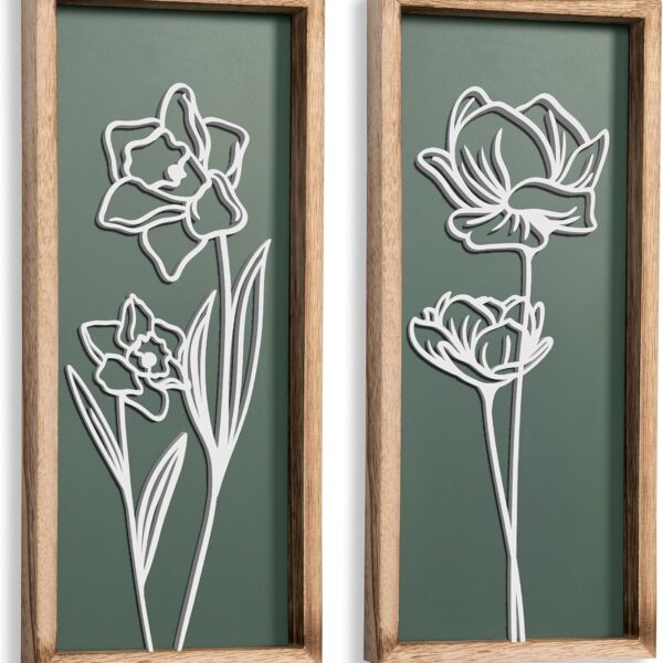 3D Floral Green Wall Art (Set of 2) Lightweight, Wooden Ready-to-Hang Boho Framed Wall Art for Bathroom, Bedroom, Living Room or Office  Premium Sage Green Farmhouse Decor  Gift-Boxed