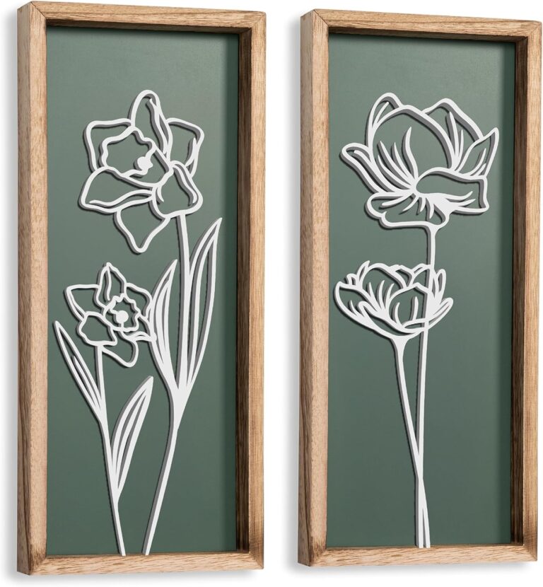 3D Floral Green Wall Art (Set of 2) Lightweight, Wooden Ready-to-Hang Boho Framed Wall Art for Bathroom, Bedroom, Living Room or Office  Premium Sage Green Farmhouse Decor  Gift-Boxed