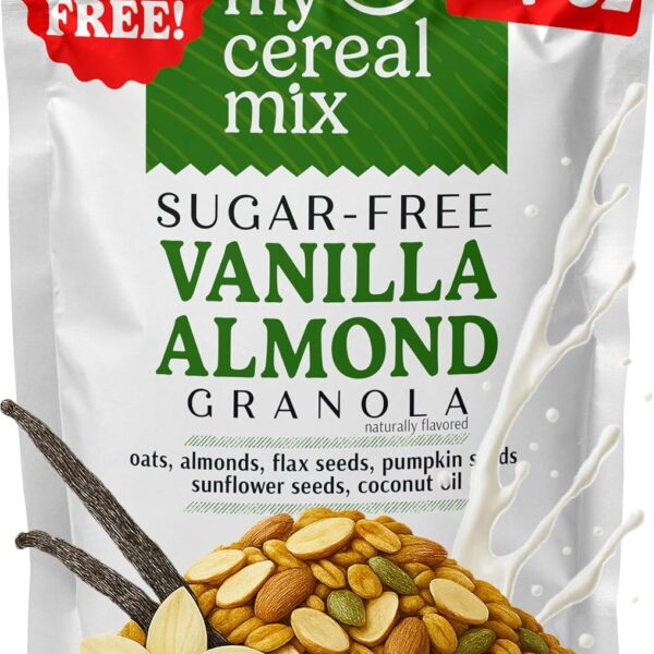 MyCerealMix Sugar Free Granola Vanilla Almond 24oz Keto Friendly, High Fiber Diabetic Cereal, Gluten Free, Plant-Based, Monk Fruit Sweetened, Healthy Breakfast, No Sugar Added, Non-GMO
