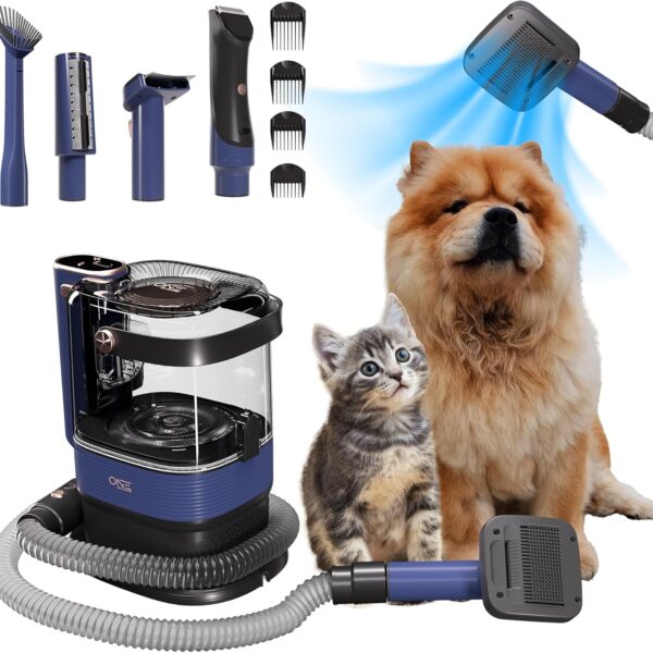 ONE Products Low Noise Dog Hair Vacuum & Dog Grooming Kit with 3.2L Large Capacity for Shedding Grooming Hair, Quiet Pet Grooming Tools, 5 Replaceable Heads, and 4 Combs