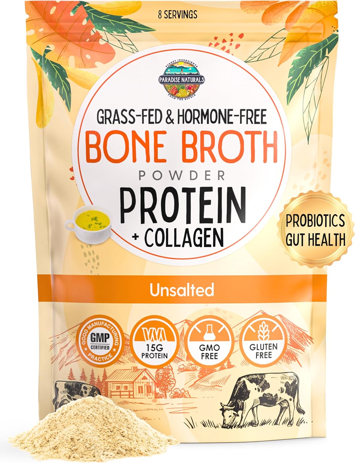 100% Grass-Fed Natural Beef Bone Broth Powder + Active Probiotics, Collagen, 15g Protein, Non-GMO, Low Sodium, Gut Health, Paleo, Keto, Gluten-Free, for Healthy Skin, Hair, Joints 100% Grass-Fed Natural Beef Bone Broth Powder + Active Probiotics, Collagen, 15g Protein, Non-GMO, Low Sodium, Gut Health, Paleo, Keto, Gluten-Free, for Healthy Skin, Hair, Joints