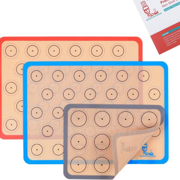 Silicone Baking Mat Macaron - Set of 3 (2 Half Sheet Liners and 1 Quarter Sheet), Non Stick Silicon Cookie Oven Liner For Macaroons, Bake Pans, Pizza, Toaster, Cake and Bread Making (Red,Blue,Gray)