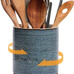 DOWAN 360 Rotating Extra Large Cooking Utensil Holder, 7.6" Kitchen Utensil Holder for Countertop, Utensil Crock for Farmhouse Kitchen Decor, Ceramic Stable Utensil Caddy, Blue