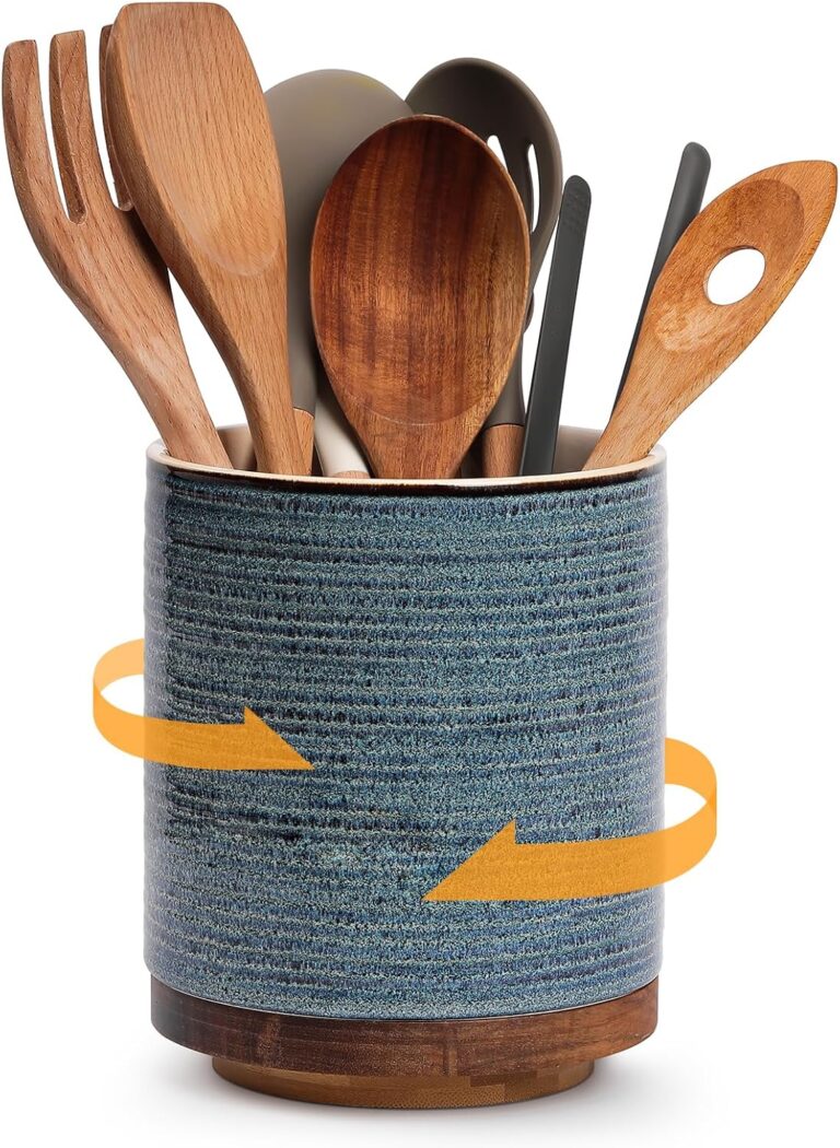 DOWAN 360 Rotating Extra Large Cooking Utensil Holder, 7.6" Kitchen Utensil Holder for Countertop, Utensil Crock for Farmhouse Kitchen Decor, Ceramic Stable Utensil Caddy, Blue