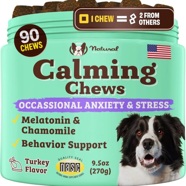 Natural Dog Company Calming Chews for Dogs, Stress & Anxiety Relief Supplement with Chamomile, Valerian Root & Melatonin, Natural Soothing Chews for Travel, Thunder, Fireworks & Separation (90 cnt)