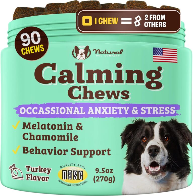 Natural Dog Company Calming Chews for Dogs, Stress & Anxiety Relief Supplement with Chamomile, Valerian Root & Melatonin, Natural Soothing Chews for Travel, Thunder, Fireworks & Separation (90 cnt)