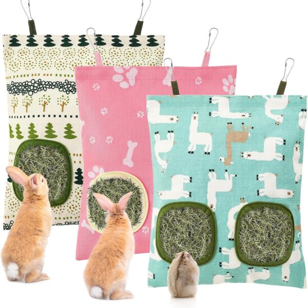 UPINS 3Pcs Hay Bag for Rabbits - 2-Hole Guinea Pig Hanging Hay Feeder for Rabbits, Chinchillas, Hamsters & Small Pets