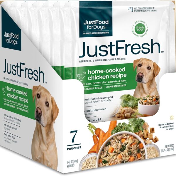 JustFoodForDogs JustFresh Wet Dog Food, Fresh Pet Meals and Toppers with No Preservatives, Resealable Package, Human Grade, Home-Cooked Chicken, 12 oz - 7 Pack