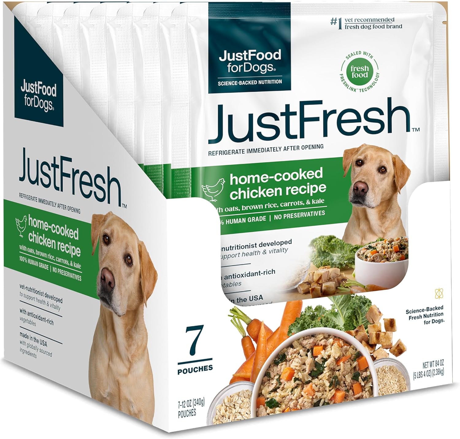 JustFoodForDogs JustFresh Wet Dog Food, Fresh Pet Meals and Toppers with No Preservatives, Resealable Package, Human Grade, Home-Cooked Chicken, 12 oz - 7 Pack JustFoodForDogs JustFresh Wet Dog Food, Fresh Pet Meals and Toppers with No Preservatives, Resealable Package, Human Grade, Home-Cooked Chicken, 12 oz - 7 Pack