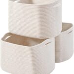 Storage Baskets for Organizing Shelves, Woven Cotton Rope Bins for Baby Nursery Organization, Book Toy Towel Organizer, 15"x11"x9.5", 3 Packs, Off White