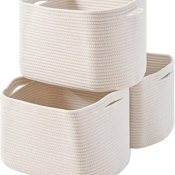 Storage Baskets for Organizing Shelves, Woven Cotton Rope Bins for Baby Nursery Organization, Book Toy Towel Organizer, 15"x11"x9.5", 3 Packs, Off White