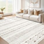 5x7 Area Rug for Living Room, Washable Non-Slip Large Area Rug, Indoor Floor Carpet Low Pile Soft Boho Farmhouse Rug for Bedroom Dining Room (Light Brown/Cream,5'x7')
