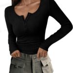 PRETTYGARDEN Women's 2026 Fall Long Sleeve Henley T Shirts Button Ribbed Knit Slim Fit Basic Tops Blouse Casual Outfits
