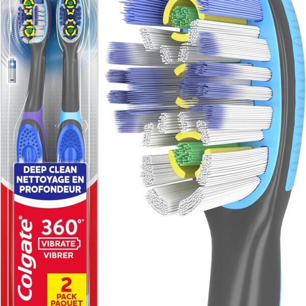 Colgate 360 Vibrate Deep Clean Battery Operated Toothbrush Pack, Soft with 1 AAA Battery Included, 2 Count